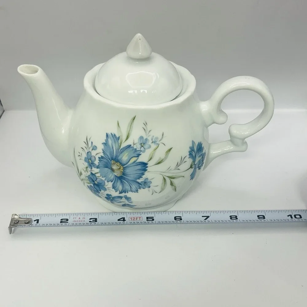 Vintage White Ceramic Teapot Blue Floral Cornflower Design Scalloped Rim